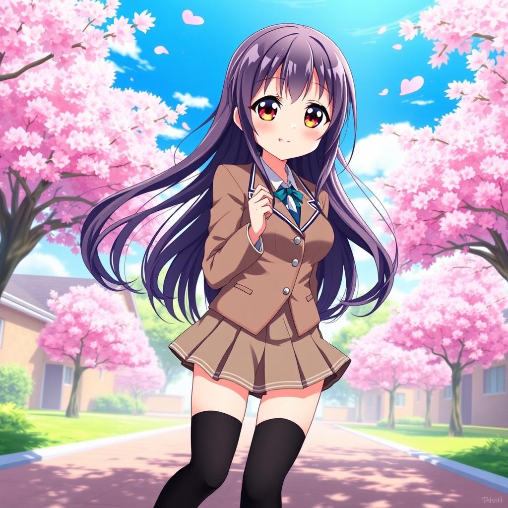 A beautiful anime-style waifu character, featuring an attractive girl with long flowing hair, dressed in a classic Japanese school uniform consisting of a fitted blazer, a short pleated skirt, and knee-high socks