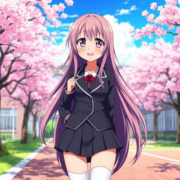 A beautiful anime-style waifu character, featuring an attractive girl with long flowing hair, dressed in a classic Japanese school uniform consisting of a fitted blazer, a short pleated skirt, and knee-high socks