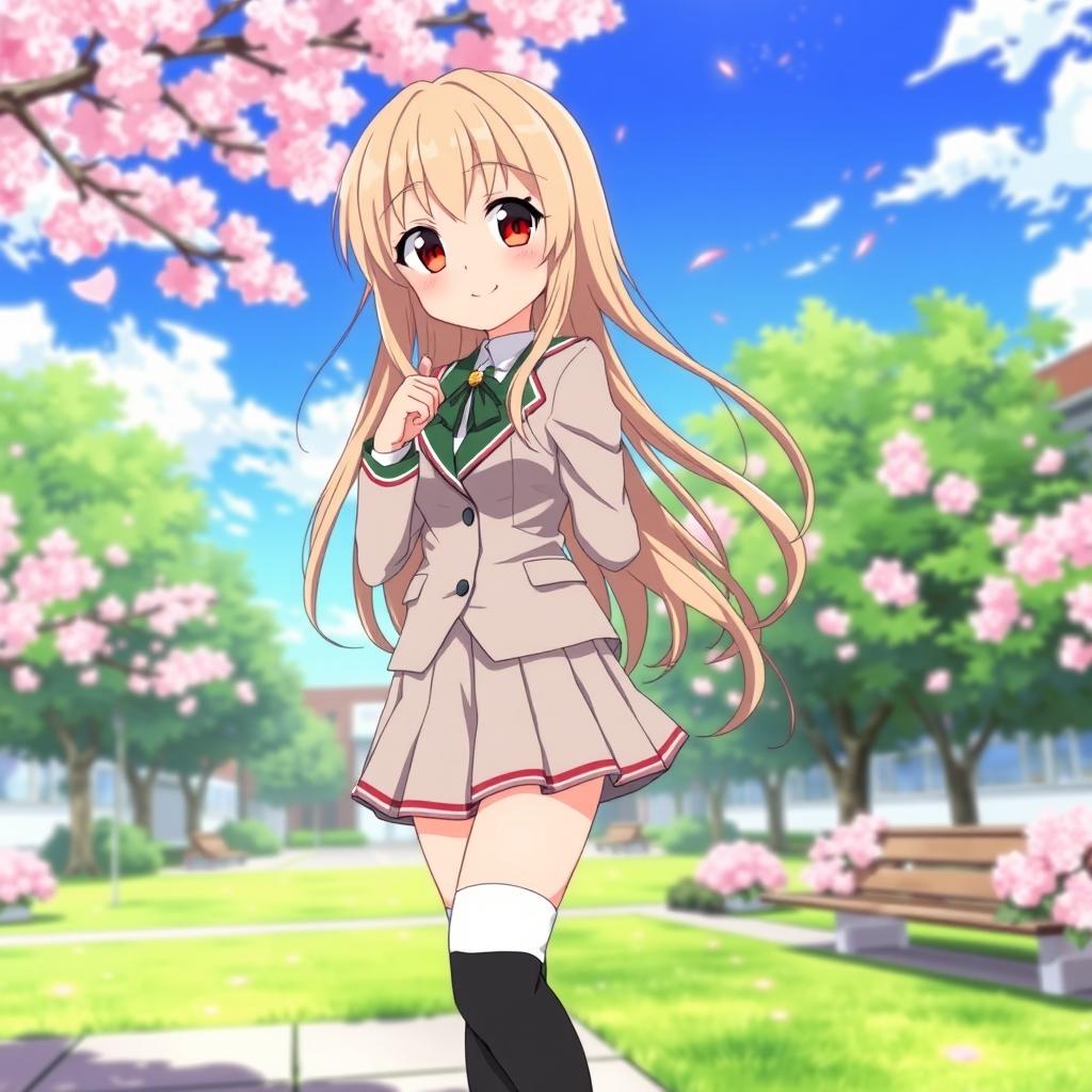 A beautiful anime-style waifu character, featuring an attractive girl with long flowing hair, dressed in a classic Japanese school uniform consisting of a fitted blazer, a short pleated skirt, and knee-high socks