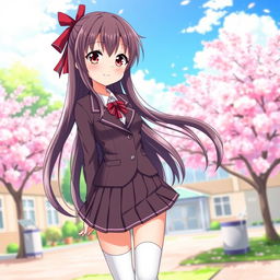 A beautiful anime-style waifu character, featuring an attractive girl with long flowing hair, dressed in a classic Japanese school uniform consisting of a fitted blazer, a short pleated skirt, and knee-high socks