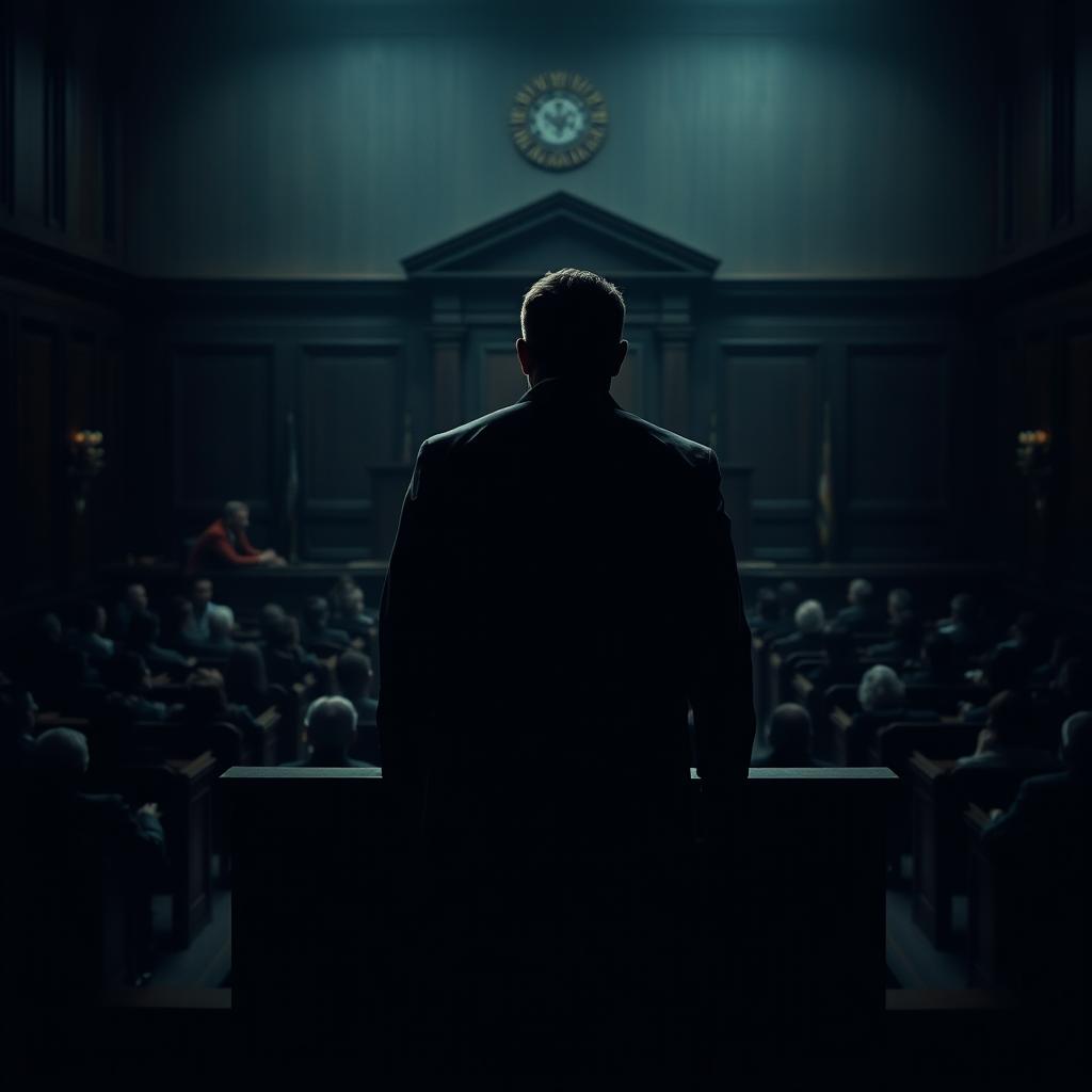 A captivating movie poster featuring a dramatic courtroom scene, showcasing a silhouette of a witness on the witness stand