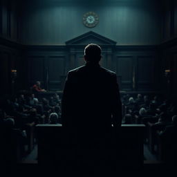 A captivating movie poster featuring a dramatic courtroom scene, showcasing a silhouette of a witness on the witness stand