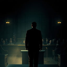 A captivating movie poster featuring a dramatic courtroom scene, showcasing a silhouette of a witness on the witness stand