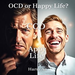 A book cover for a psychology book titled "OCD or Happy Life?" featuring two contrasting portraits of a man