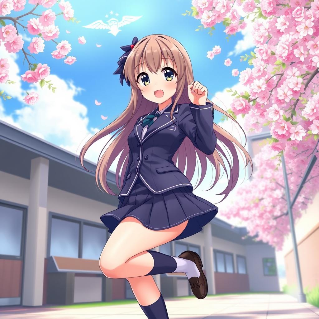 An enchanting anime-style girl in a Japanese school uniform, featuring a fitted blazer and a short pleated skirt, complemented by knee-high socks and stylish shoes