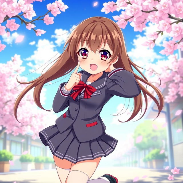 An enchanting anime-style girl in a Japanese school uniform, featuring a fitted blazer and a short pleated skirt, complemented by knee-high socks and stylish shoes