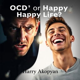 A book cover for a psychology book titled "OCD or Happy Life?" featuring two contrasting portraits of a man