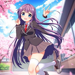 An enchanting anime-style girl in a Japanese school uniform, featuring a fitted blazer and a short pleated skirt, complemented by knee-high socks and stylish shoes