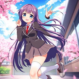 An enchanting anime-style girl in a Japanese school uniform, featuring a fitted blazer and a short pleated skirt, complemented by knee-high socks and stylish shoes