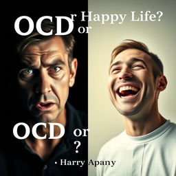 A book cover for a psychology book titled "OCD or Happy Life?" featuring two contrasting portraits of a man