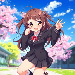 An enchanting anime-style girl in a Japanese school uniform, featuring a fitted blazer and a short pleated skirt, complemented by knee-high socks and stylish shoes