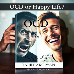 A book cover for a psychology book titled "OCD or Happy Life?" featuring two contrasting portraits of a man