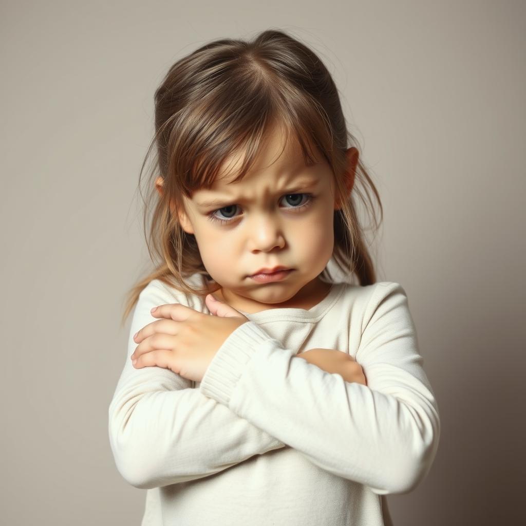 Una imagen que captura a Ana, una niña con cabello largo y lacio, visiblemente molesta mientras cruza los brazos