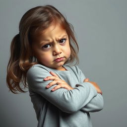 Una imagen que captura a Ana, una niña con cabello largo y lacio, visiblemente molesta mientras cruza los brazos