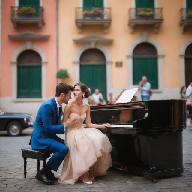 Enhance the previous image with a bustling, beautiful Italian street as the backdrop. The 28-year-old couple, stylishly dressed, share an intimate moment by the piano while people pass by. The vivid colors, lively crowd and stunning architecture enhance the romantic and aesthetic atmosphere.