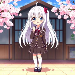 An enchanting anime-style girl with long white hair, wearing a classic Japanese school uniform that includes a fitted blazer and a short pleated skirt, paired with knee-high socks and stylish shoes