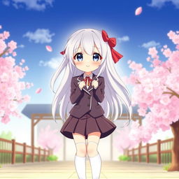 An enchanting anime-style girl with long white hair, wearing a classic Japanese school uniform that includes a fitted blazer and a short pleated skirt, paired with knee-high socks and stylish shoes