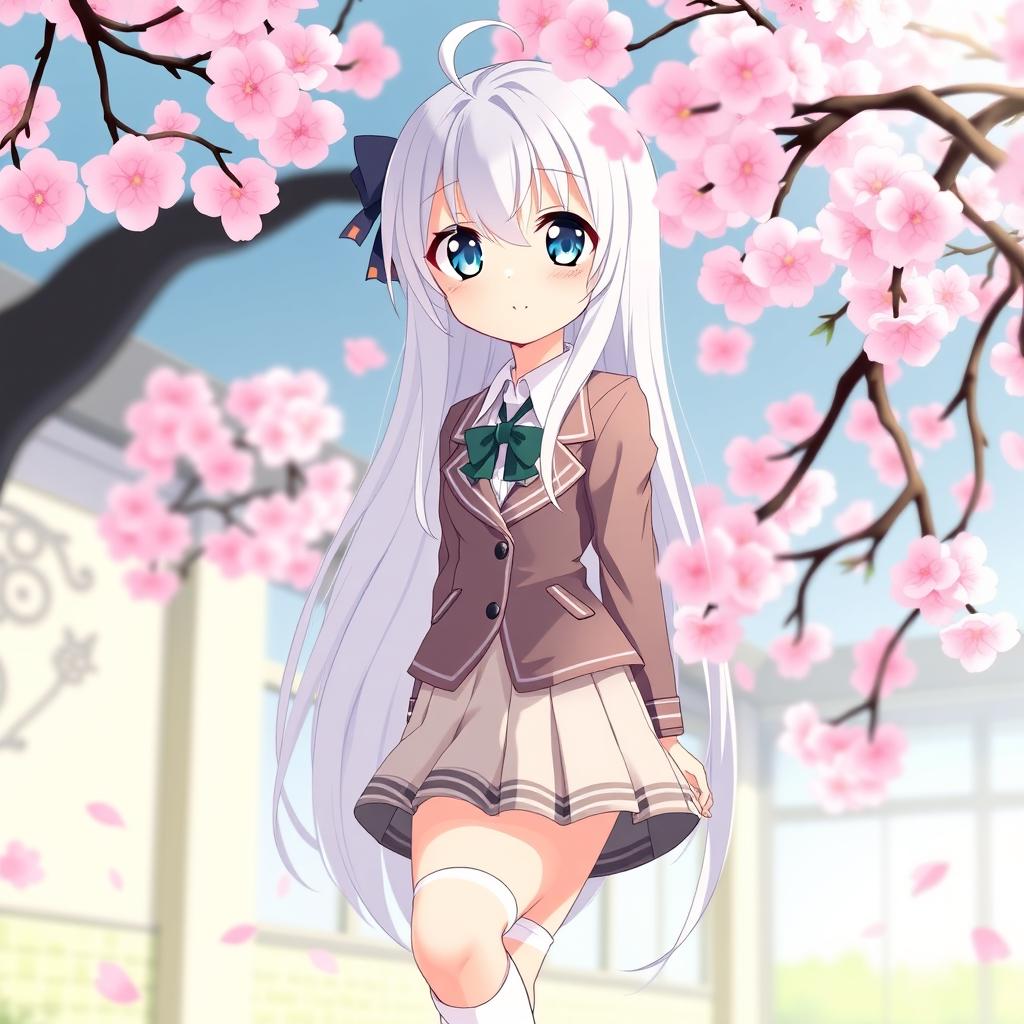 An enchanting anime-style girl with long white hair, wearing a classic Japanese school uniform that includes a fitted blazer and a short pleated skirt, paired with knee-high socks and stylish shoes