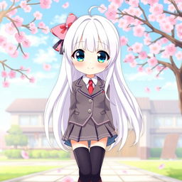 An enchanting anime-style girl with long white hair, wearing a classic Japanese school uniform that includes a fitted blazer and a short pleated skirt, paired with knee-high socks and stylish shoes