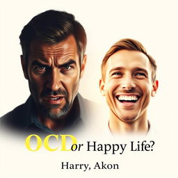 A book cover for the psychology book titled "OCD or Happy Life?" featuring two distinct portraits of a man