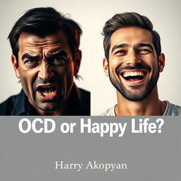 A book cover for the psychology book titled "OCD or Happy Life?" featuring two distinct portraits of a man