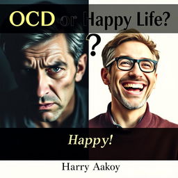 A book cover for the psychology book titled "OCD or Happy Life?" featuring two distinct portraits of a man