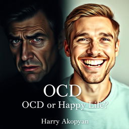 A book cover for the psychology book titled "OCD or Happy Life?" featuring two distinct portraits of a man