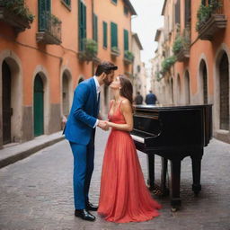 Enhance the previous image with a bustling, beautiful Italian street as the backdrop. The 28-year-old couple, stylishly dressed, share an intimate moment by the piano while people pass by. The vivid colors, lively crowd and stunning architecture enhance the romantic and aesthetic atmosphere.