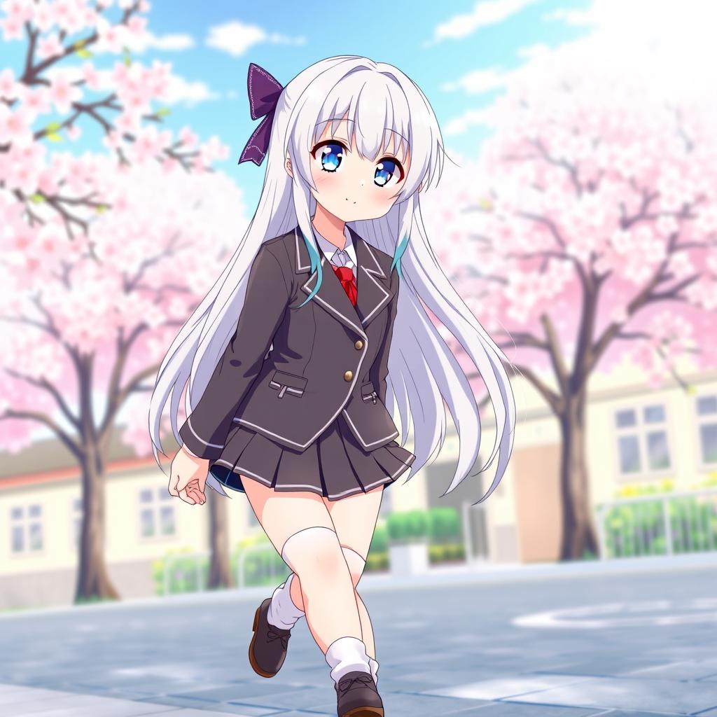 An enchanting anime girl with long white hair, wearing a stylish Japanese school uniform that includes a fitted blazer and a short pleated skirt, complemented by knee-high socks and fashionable shoes