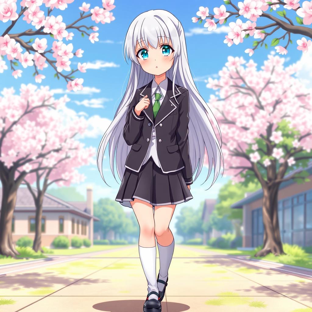 An enchanting anime girl with long white hair, wearing a stylish Japanese school uniform that includes a fitted blazer and a short pleated skirt, complemented by knee-high socks and fashionable shoes