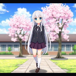 An enchanting anime girl with long white hair, wearing a stylish Japanese school uniform that includes a fitted blazer and a short pleated skirt, complemented by knee-high socks and fashionable shoes