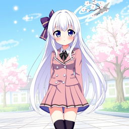 An enchanting anime girl with long white hair, wearing a stylish Japanese school uniform that includes a fitted blazer and a short pleated skirt, complemented by knee-high socks and fashionable shoes