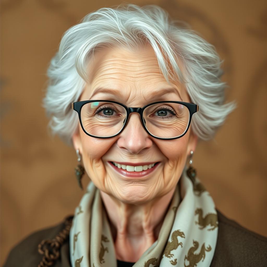 A close-up shot of a happy elderly woman wearing glasses, with a warm smile and a twinkle in her eye, embodying a Dungeons & Dragons theme