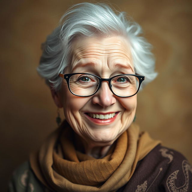 A close-up shot of a happy elderly woman wearing glasses, with a warm smile and a twinkle in her eye, embodying a Dungeons & Dragons theme