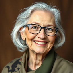 A close-up shot of a happy elderly woman wearing glasses, with a warm smile and a twinkle in her eye, embodying a Dungeons & Dragons theme