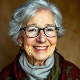 A close-up shot of a happy elderly woman wearing glasses, with a warm smile and a twinkle in her eye, embodying a Dungeons & Dragons theme