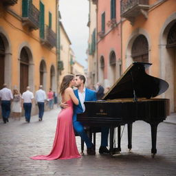 Enhance the previous image with a bustling, beautiful Italian street as the backdrop. The 28-year-old couple, stylishly dressed, share an intimate moment by the piano while people pass by. The vivid colors, lively crowd and stunning architecture enhance the romantic and aesthetic atmosphere.