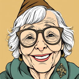 A close-up, hand-drawn illustration of a cheerful old lady wearing glasses, inspired by Dungeons & Dragons themes