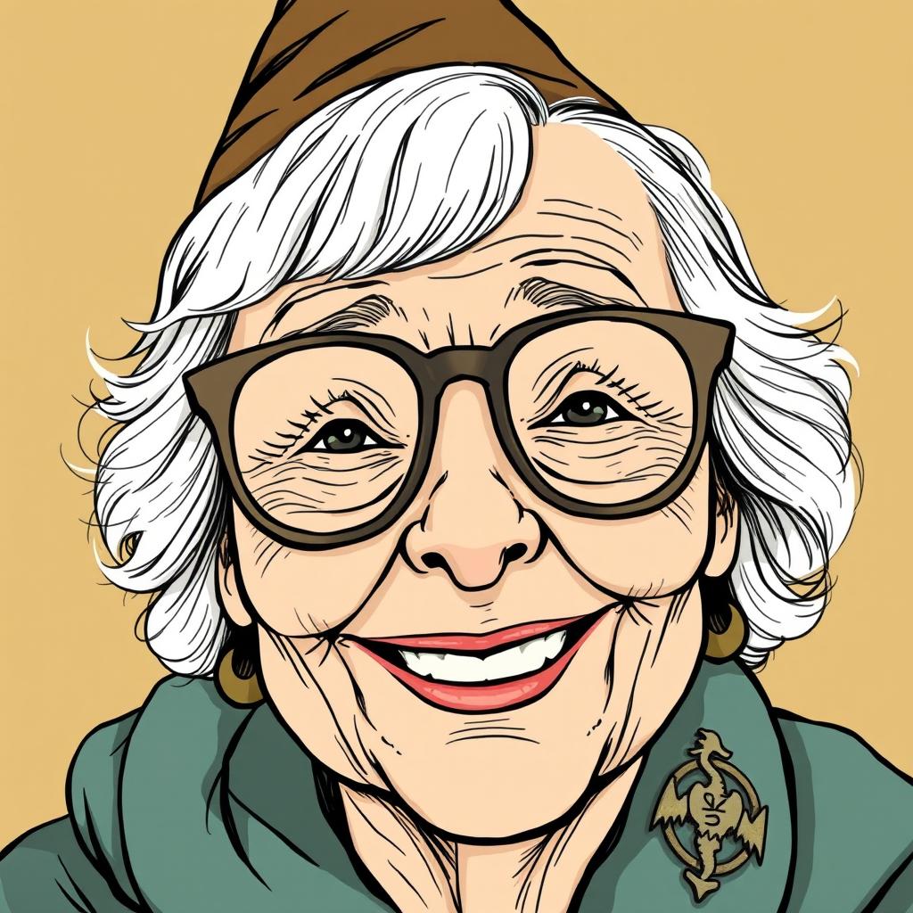 A close-up, hand-drawn illustration of a cheerful old lady wearing glasses, inspired by Dungeons & Dragons themes