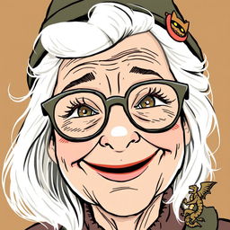 A close-up, hand-drawn illustration of a cheerful old lady wearing glasses, inspired by Dungeons & Dragons themes