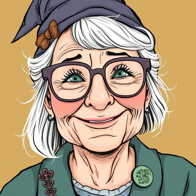 A close-up, hand-drawn illustration of a cheerful old lady wearing glasses, inspired by Dungeons & Dragons themes