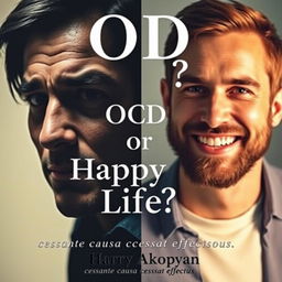 A book cover for a psychology book titled "OCD or Happy Life?" featuring two contrasting portraits of a man