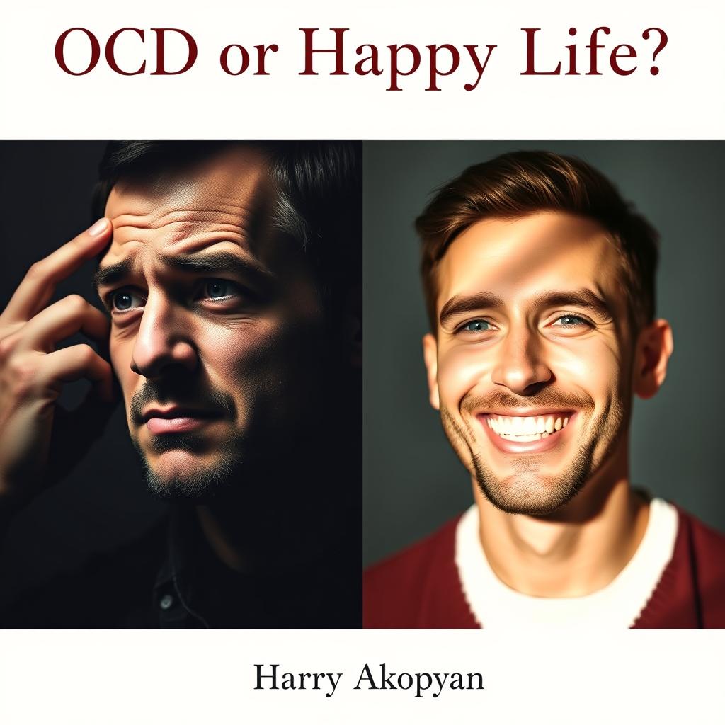 A book cover for a psychology book titled "OCD or Happy Life?" featuring two contrasting portraits of a man