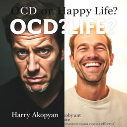 A book cover for a psychology book titled "OCD or Happy Life?" featuring two contrasting portraits of a man