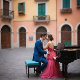 Enhance the previous image with a bustling, beautiful Italian street as the backdrop. The 28-year-old couple, stylishly dressed, share an intimate moment by the piano while people pass by. The vivid colors, lively crowd and stunning architecture enhance the romantic and aesthetic atmosphere.