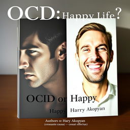 A book cover for a psychology book titled "OCD or Happy Life?" featuring two contrasting portraits of a man