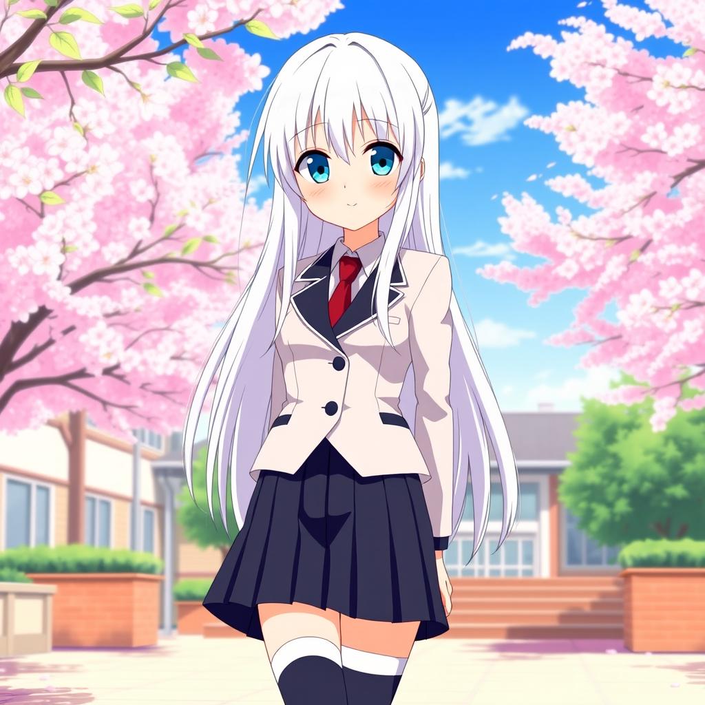 A striking anime girl with long white hair, dressed in a stylish Japanese school uniform that features a fitted blazer and a short pleated skirt, along with knee-high socks and fashionable shoes