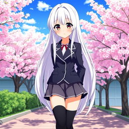 A striking anime girl with long white hair, dressed in a stylish Japanese school uniform that features a fitted blazer and a short pleated skirt, along with knee-high socks and fashionable shoes