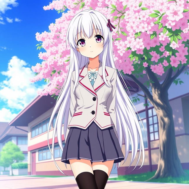 A striking anime girl with long white hair, dressed in a stylish Japanese school uniform that features a fitted blazer and a short pleated skirt, along with knee-high socks and fashionable shoes