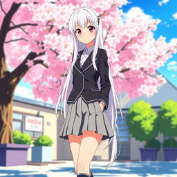 A striking anime girl with long white hair, dressed in a stylish Japanese school uniform that features a fitted blazer and a short pleated skirt, along with knee-high socks and fashionable shoes